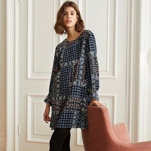 LOFT Navy and White Patchwork Print Long-Sleeve Shift Dress